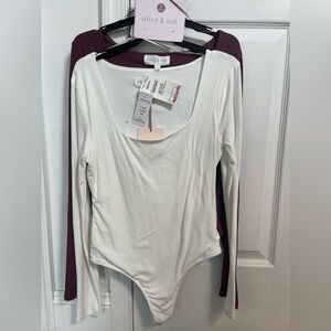 OLIVE & OAK 2 Pack bodysuits. White and plum. Size Small. BRAND NEW WITH TAGS